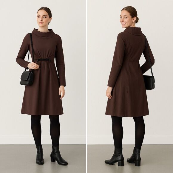 NOBLU Brown Cowl Neck Long Sleeve Dress S Avant Garde Minimalist Edgy Atomic - Picture 2 of 11